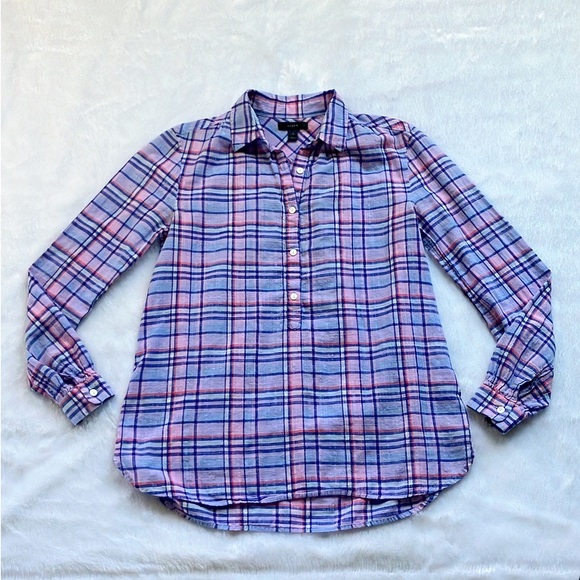Like New J. Crew Purple Lilac Plaid Gathered Button Up Popover Shirt Top Size 0 - Picture 3 of 8